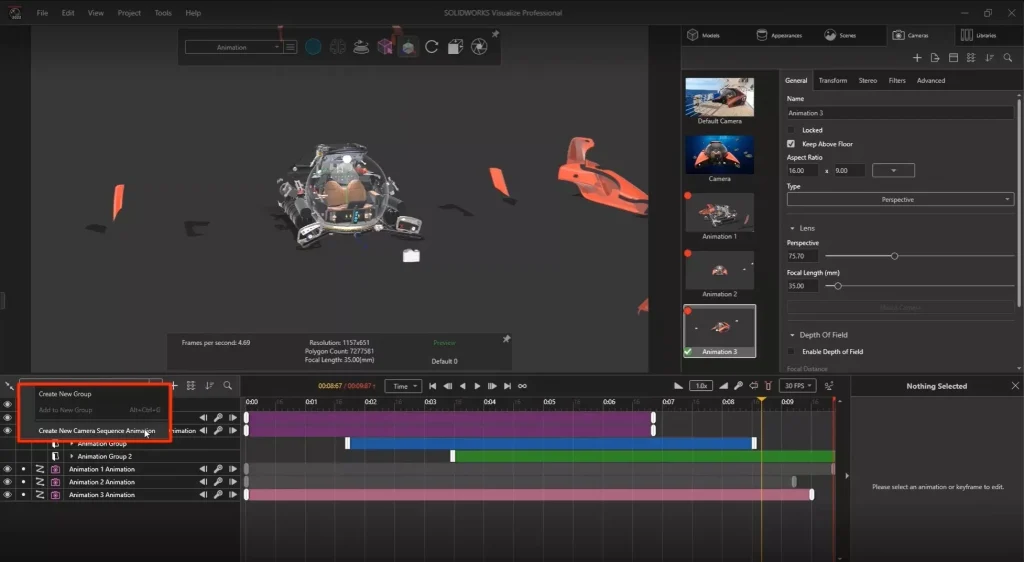 Nowości SOLIDWORKS Visualize 2022 - Tworzenie animacji z sekwencji kamer