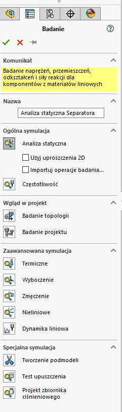 Rozpoczęcie symulacji statycznej MES w SOLIDWORKS