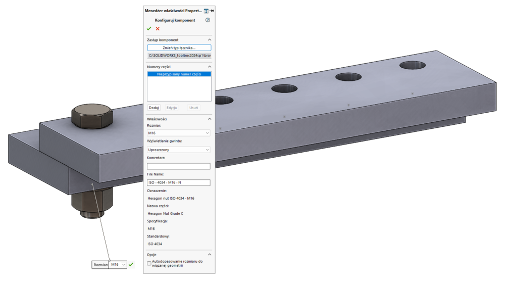 Element Toolbox SOLIDWORKS podczas definicji — menedżer właściwości komponentu Połączenia śrubowe SOLIDWORKS