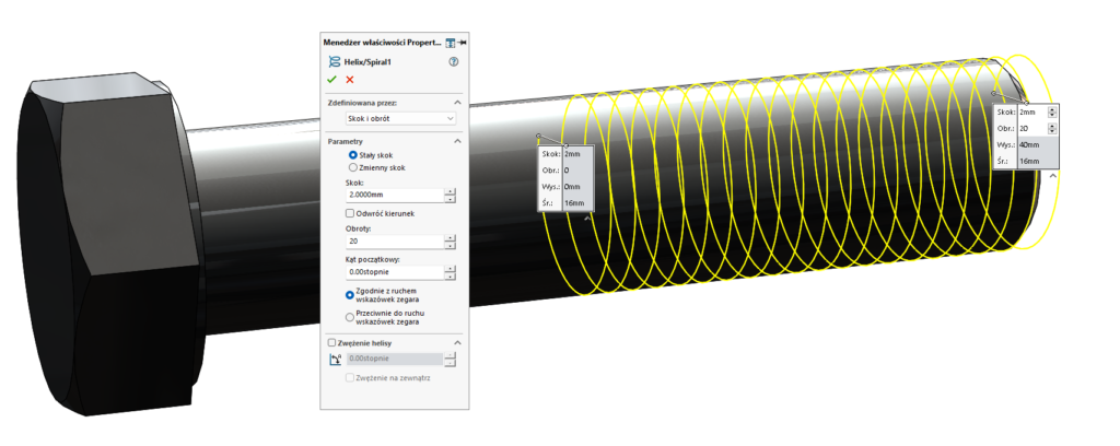 Menedżer właściwości spirali Połączenia śrubowe SOLIDWORKS