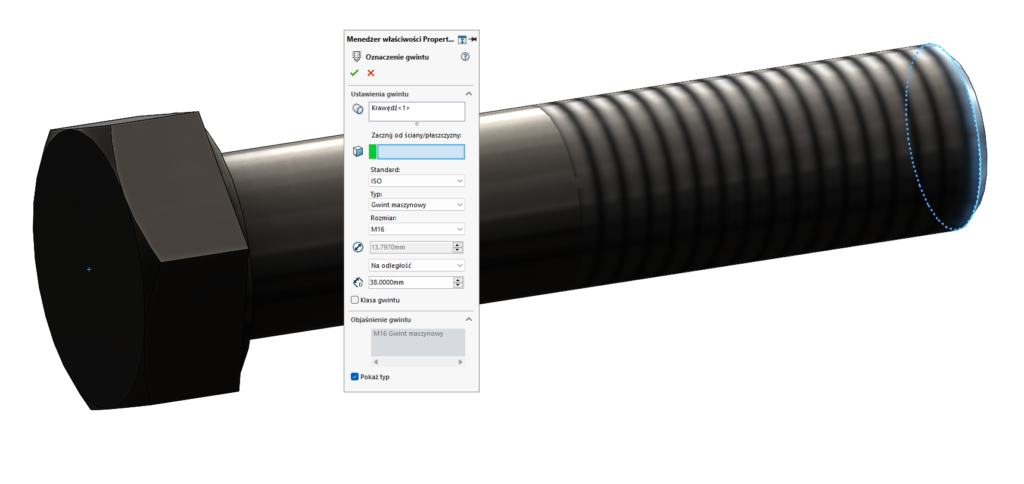 Menedżer właściwości oznaczenia gwintu Połączenia śrubowe SOLIDWORKS