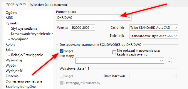 Linie zgięcia arkusza blachy SOLIDWORKS zmapowane do warstw DXF